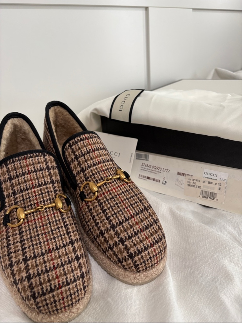 Gucci Brown Houndstooth Wool Horsebit Slip-On Loafers